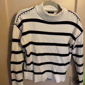 Tahari black & white striped mock neck sweater exposed stitching details size M